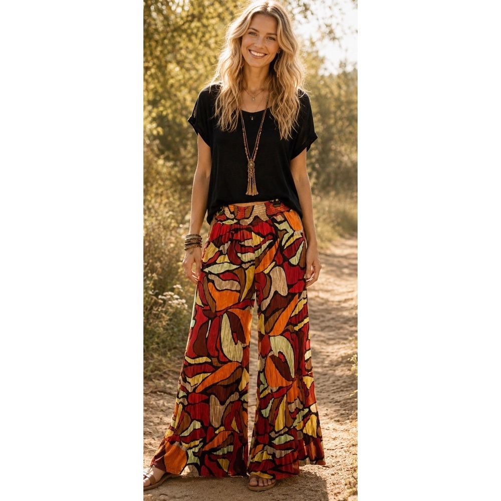 JW Style Women's Groovy Wide Leg Flow Pants Hippie Harem Boho Coachella SZ Large